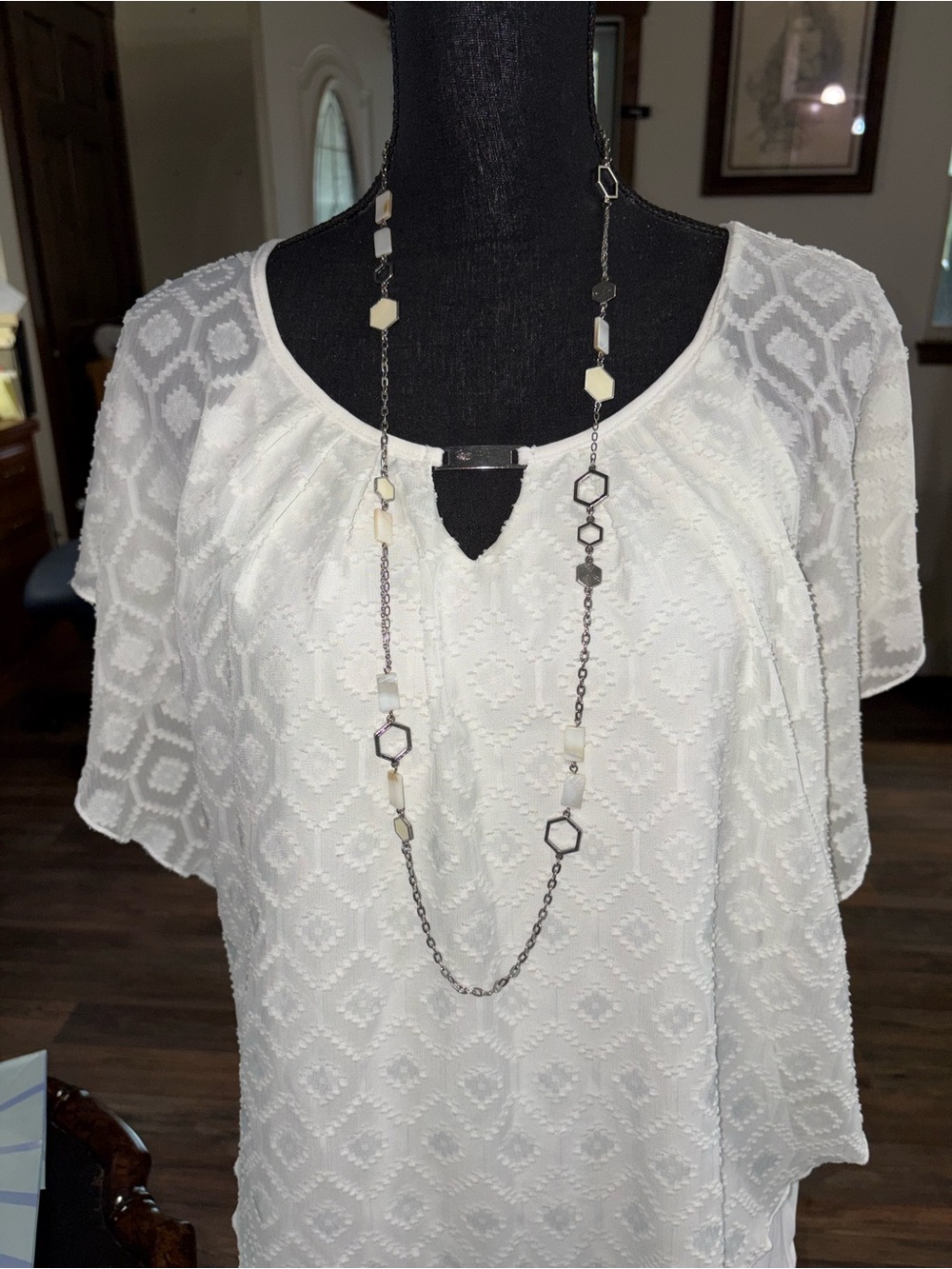 Long White and metal Hexagon Bead Necklace - Women Jewelry 20 inches